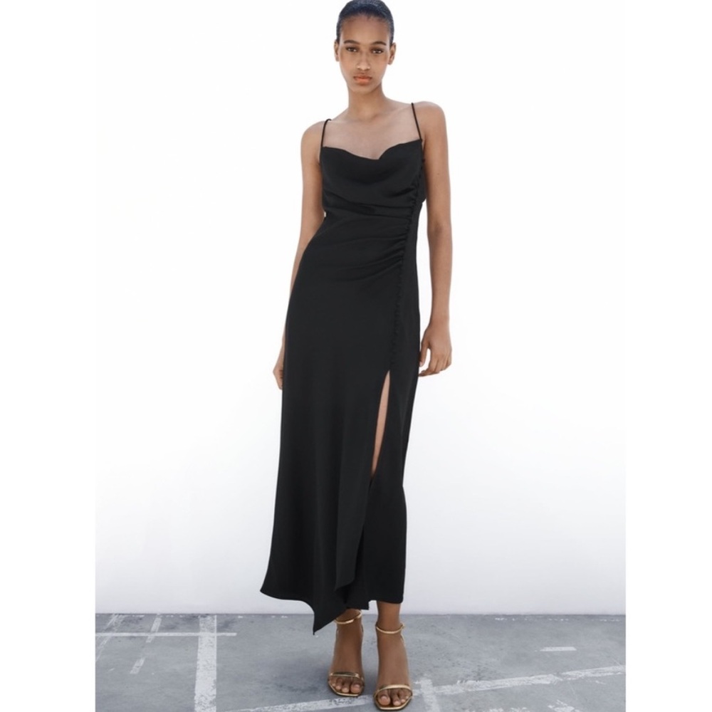 Zara Black Satin Camisole Draped Neck Button Detail Slip Midi Dress
